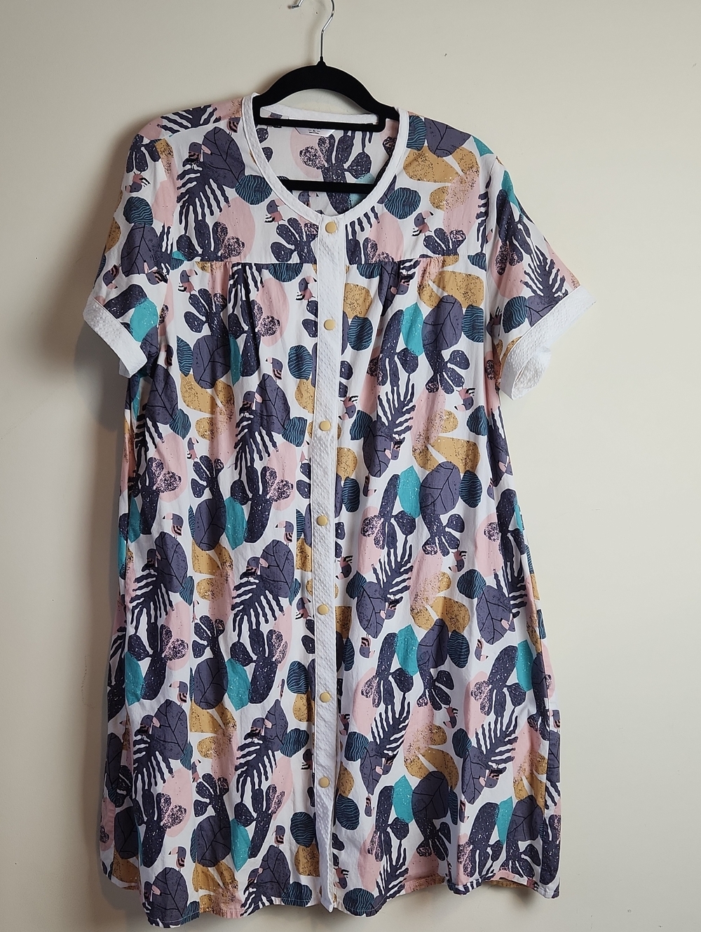 Guier XL Floral Print Lightweight Robe Smock In Blush, Navy & White Trim